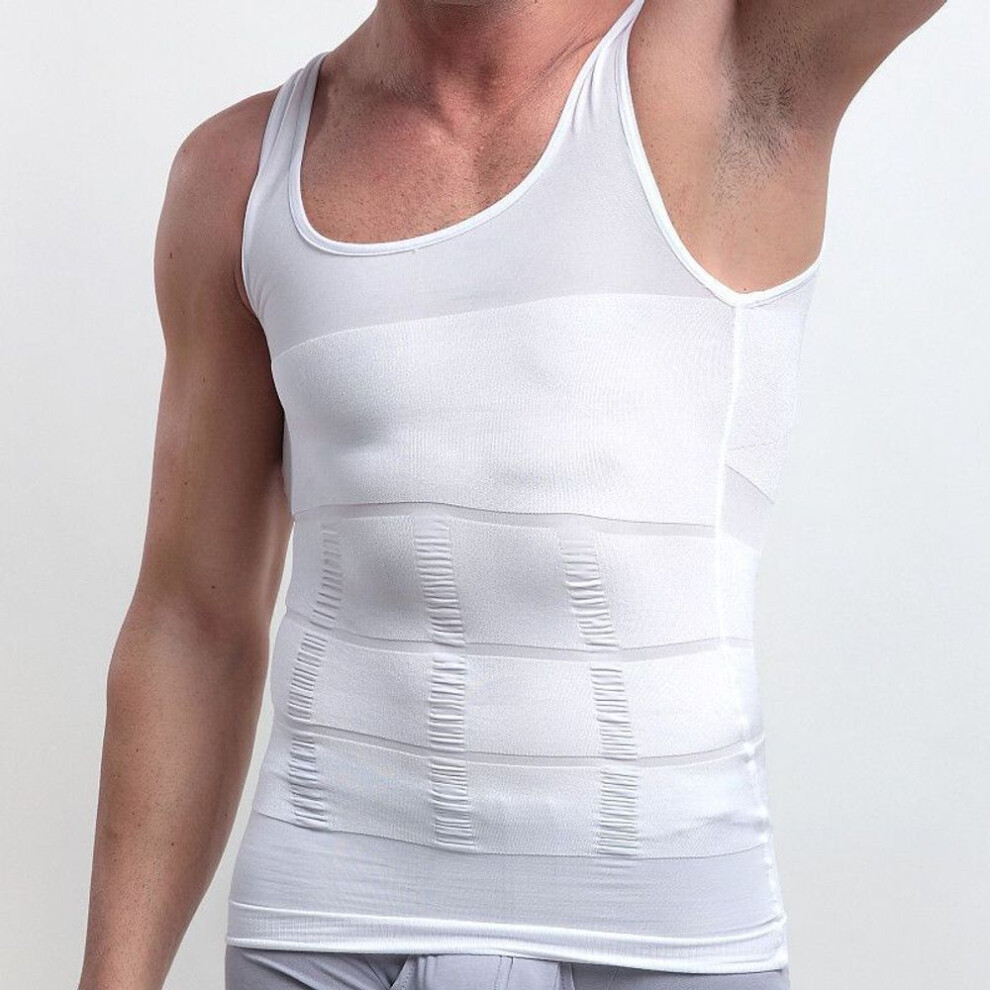 (white, XL) Men Body Shaper Tummy Control Shapewear Belly Undershirts Vest Waist Trimmer Shirts
