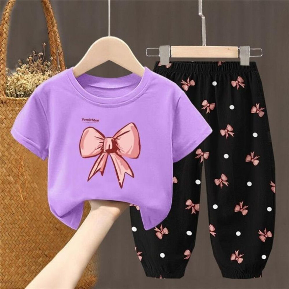 (purple, 140) 2pcs/set Summer Sets Children&apos;s Clothing Girls Kids Toddler Clothes Cute Fashion T-shirt Top + Pants Baby Girl Clothes
