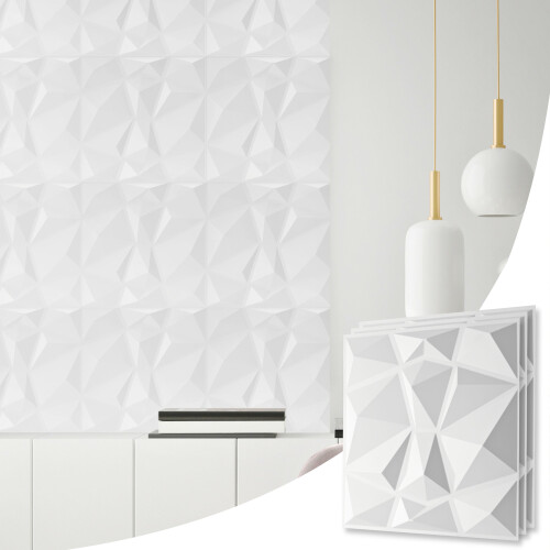 (White, Set of 14) Decorative 3D Wall Panels (50cm x 50cm) Diamond Design PVC Cladding Panel