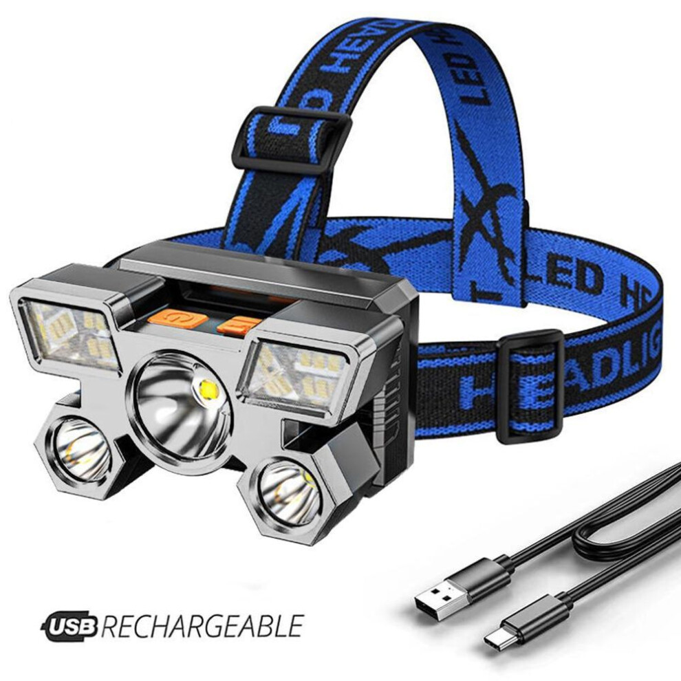 (navy blue, 1× Head lamp) Led Headlamp Strong Light Super Bright Head-mounted Flashlight Outdoor Rechargeable Night Fishing Headlight 5 Light Sources