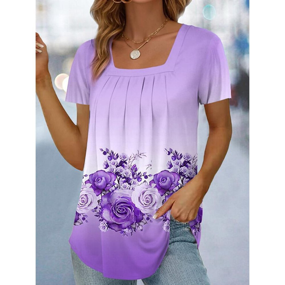 (3XL, purple) Women's Floral Print Square Neck T-Shirt