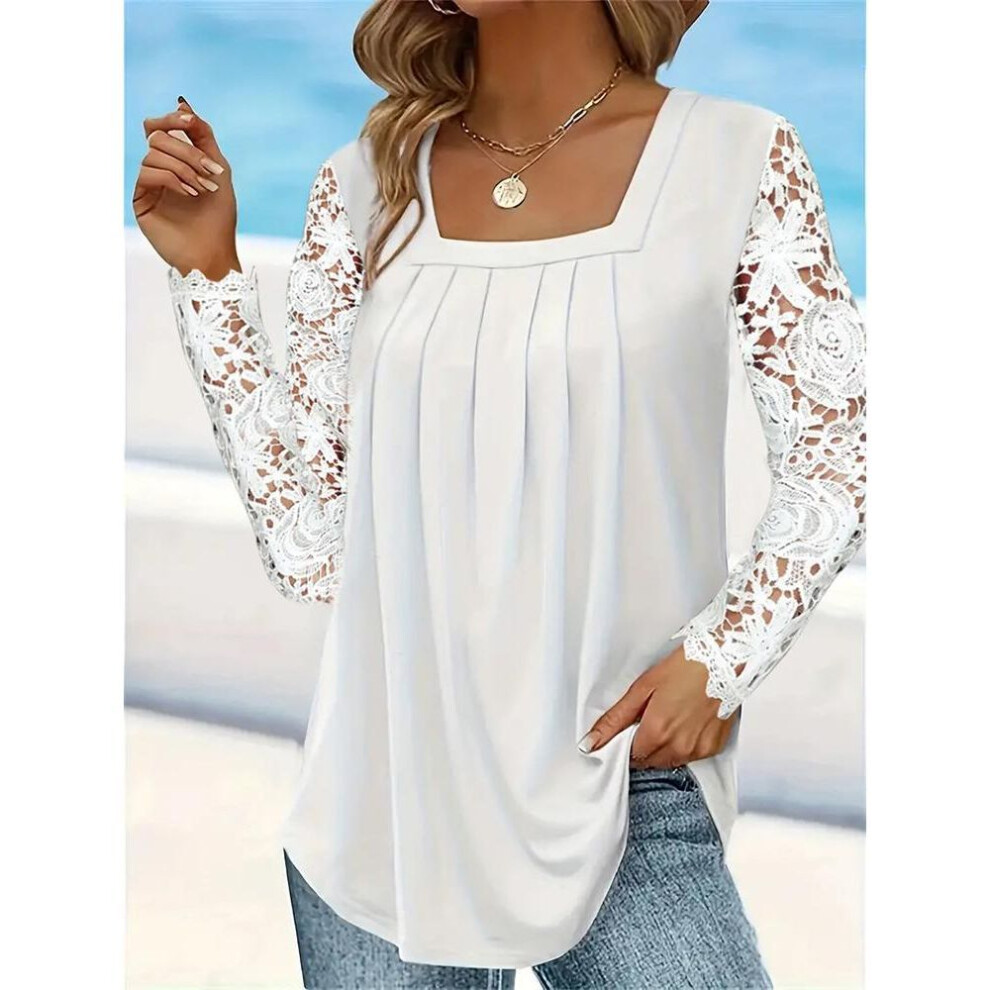 (XL, white) Autumn Women Fashion Elegant Square Neck Lace Long Sleeve Outwear Hollow Out Sexy Blouses Vacation Pullover