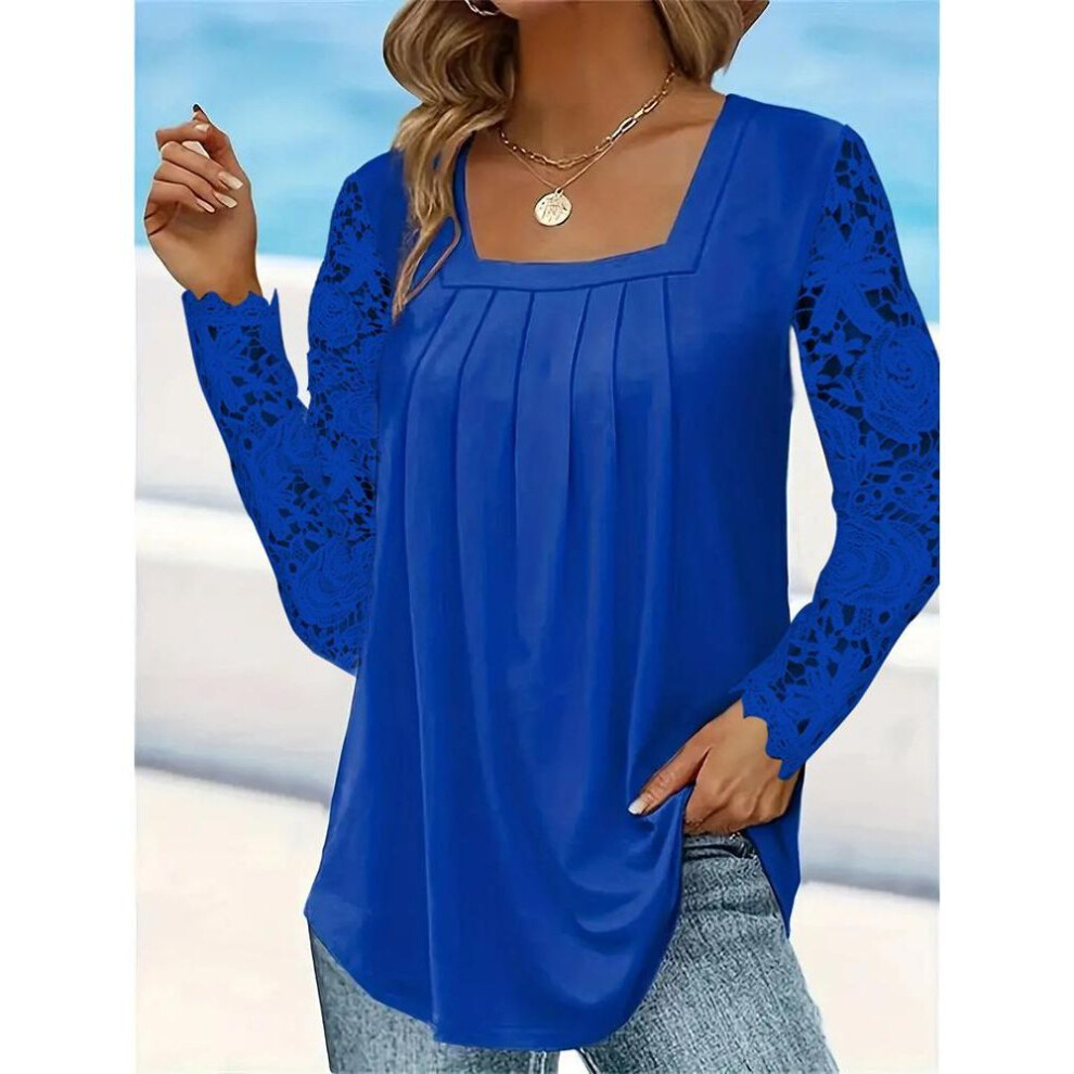 (XL, blue) Autumn Women Fashion Elegant Square Neck Lace Long Sleeve Outwear Hollow Out Sexy Blouses Vacation Pullover