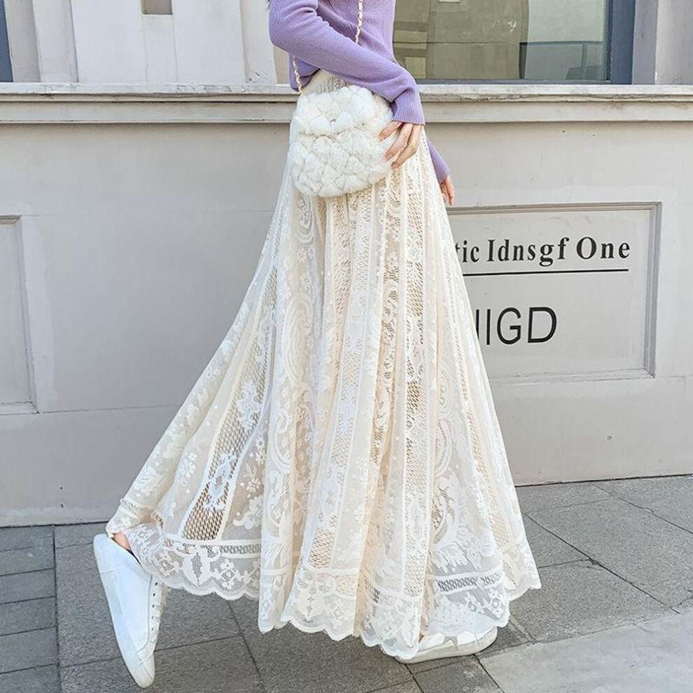 (One size, apricot) Lace Women Sweet Black White A Line Pleated Long Maxi Woman High-waisted Skirt