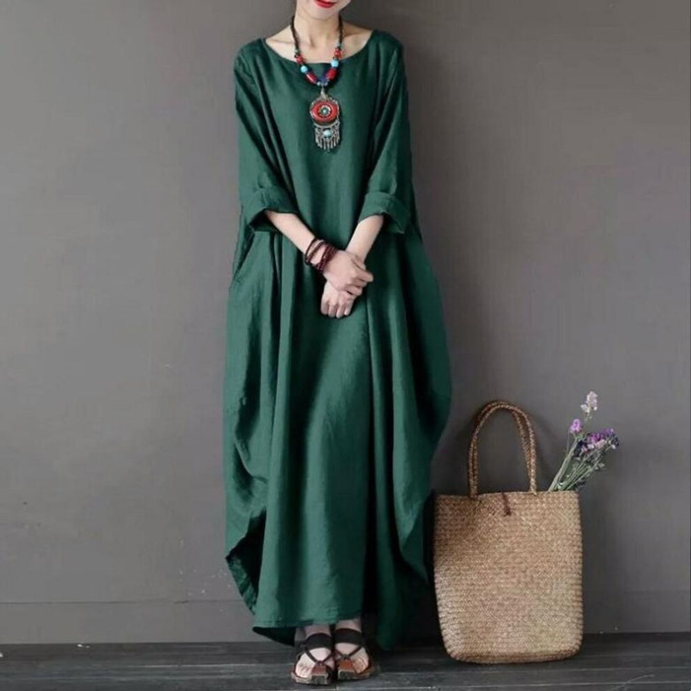 (emerald, 5XL) Women&apos;s Linen Cotton Kaftan Batwing Loose Baggy Long Maxi Shirt Dress Robes Top Fashion 3/4 Sleeve Plus Size Crew Neck Dress Ramadan