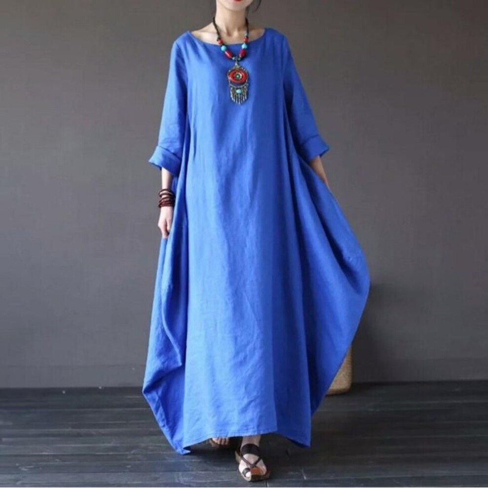 (blue, 5XL) Women&apos;s Linen Cotton Kaftan Batwing Loose Baggy Long Maxi Shirt Dress Robes Top Fashion 3/4 Sleeve Plus Size Crew Neck Dress Ramadan