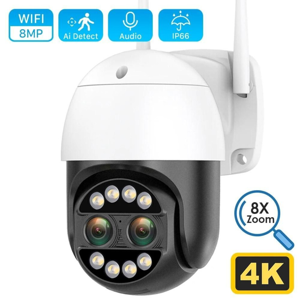 (EU Plug) 2024 8mp 4k Ip Camera Wifi Security Cctv Camera Dual Lens Color Night Vision 8x Digital Zoom Ip66 Outdoor Security Camera Icsee