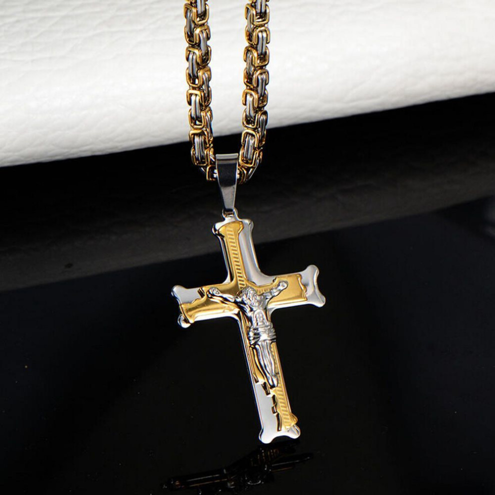 (Pendant+Necklace) Christian Chain Jesus 3 Layer Knight Cross Silver Gold Black Color Mens Necklace