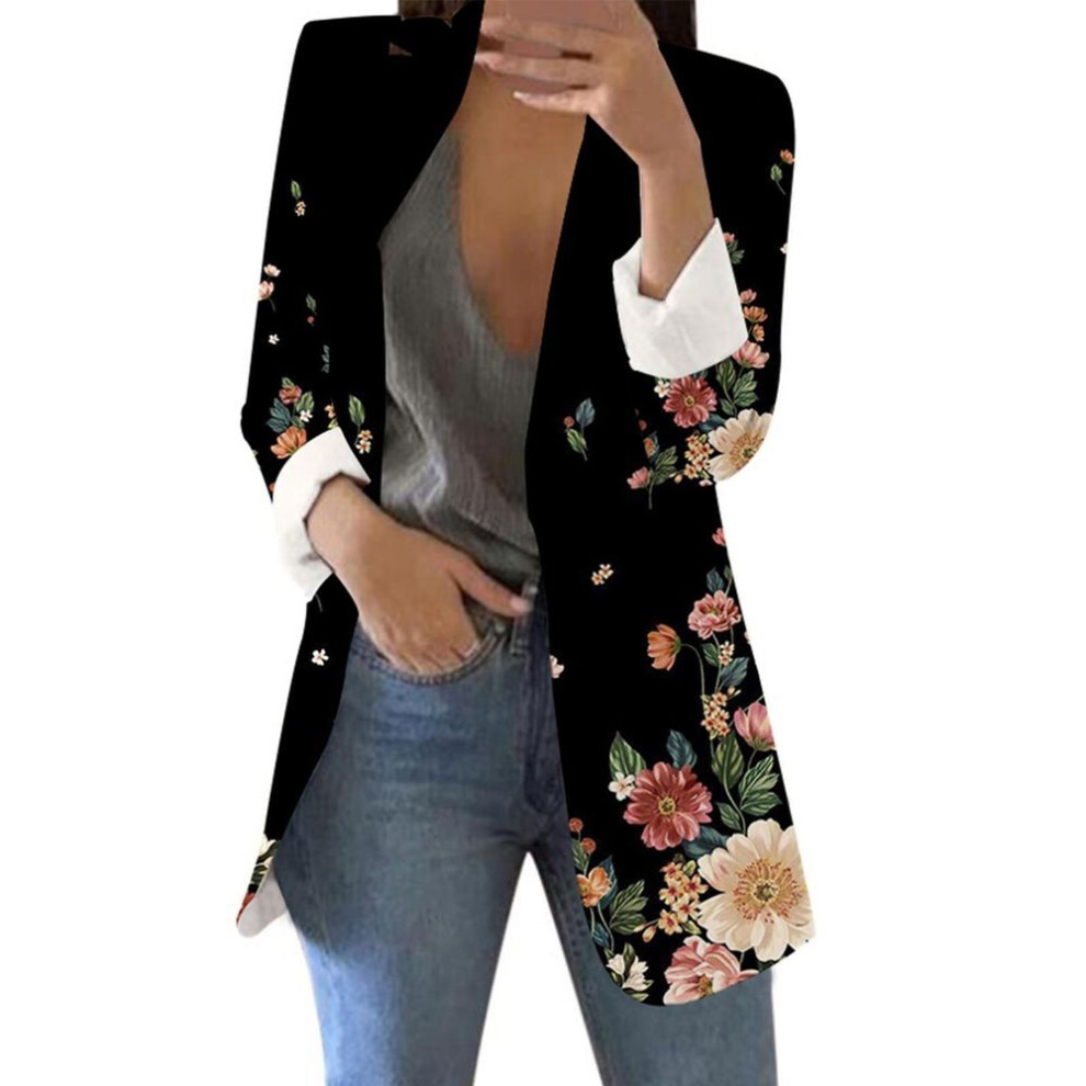 (XXXXL, black) Women&apos;s Fashion Casual Printed Suit Long Sleeve Loose Comfortable Cardigan Coat