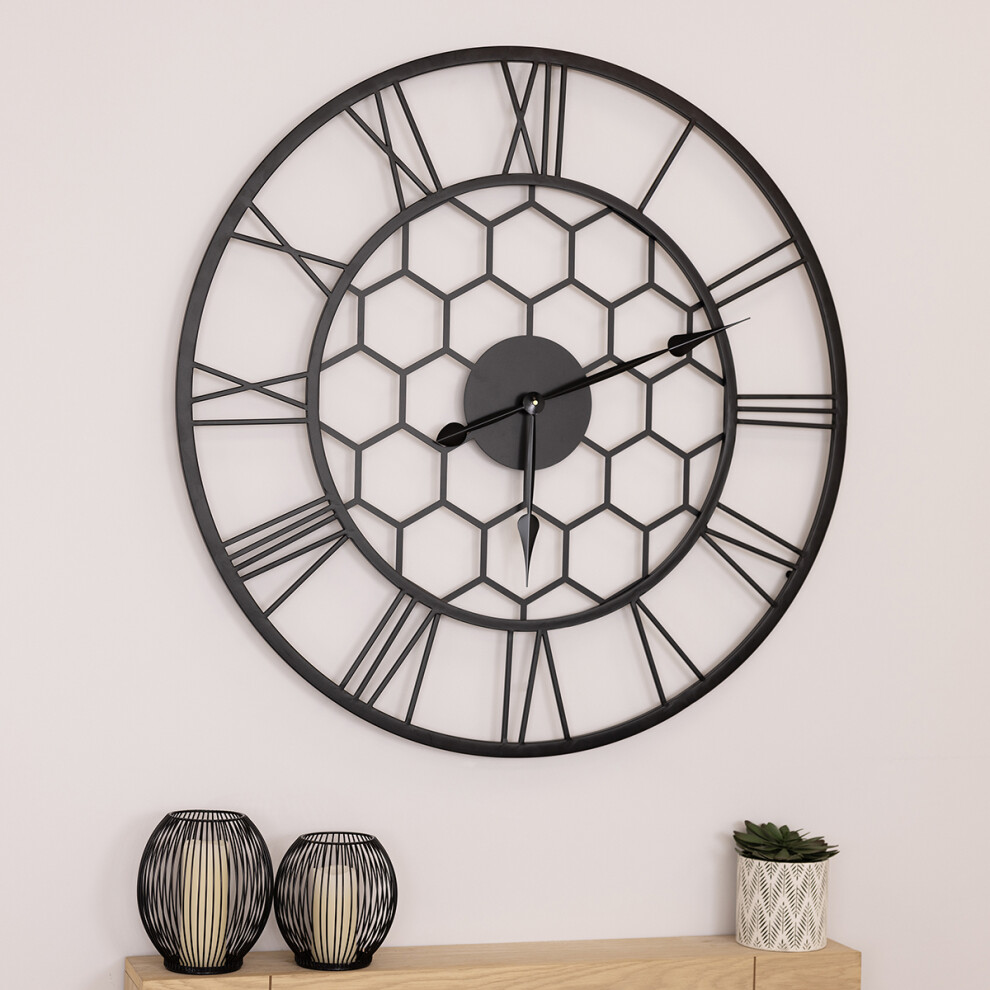 CHARLES BENTLEY Stanwick Outdoor And Indoor Wall Clock, Black Coating, Skeleton Design, Metal, Quiet Ticking, Roman Numerals, Giant Open Face, Analog,