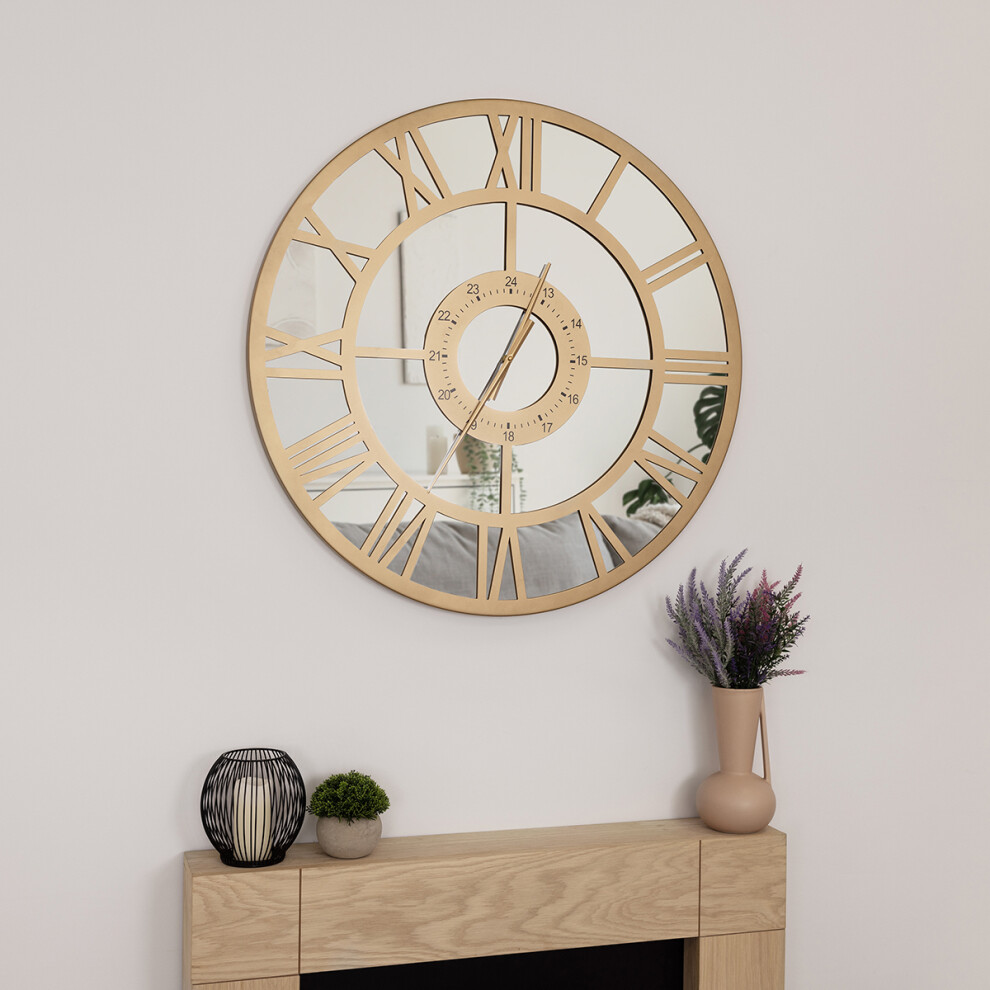 CHARLES BENTLEY Coniston Outdoor And Indoor Mirrored Wall Clock, Gold Coloured Coating, Skeleton Design, Quiet Ticking, Roman Numerals, Giant Open