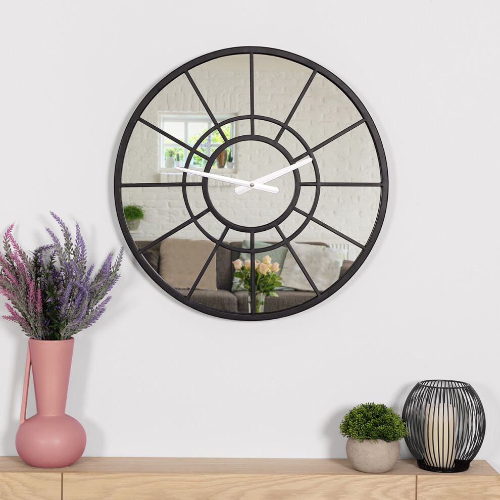 CHARLES BENTLEY Buttermere Outdoor And Indoor Mirrored Wall Clock, Black Coating, Skeleton Design, Metal, Quiet Ticking, Garden Décor, Giant Open