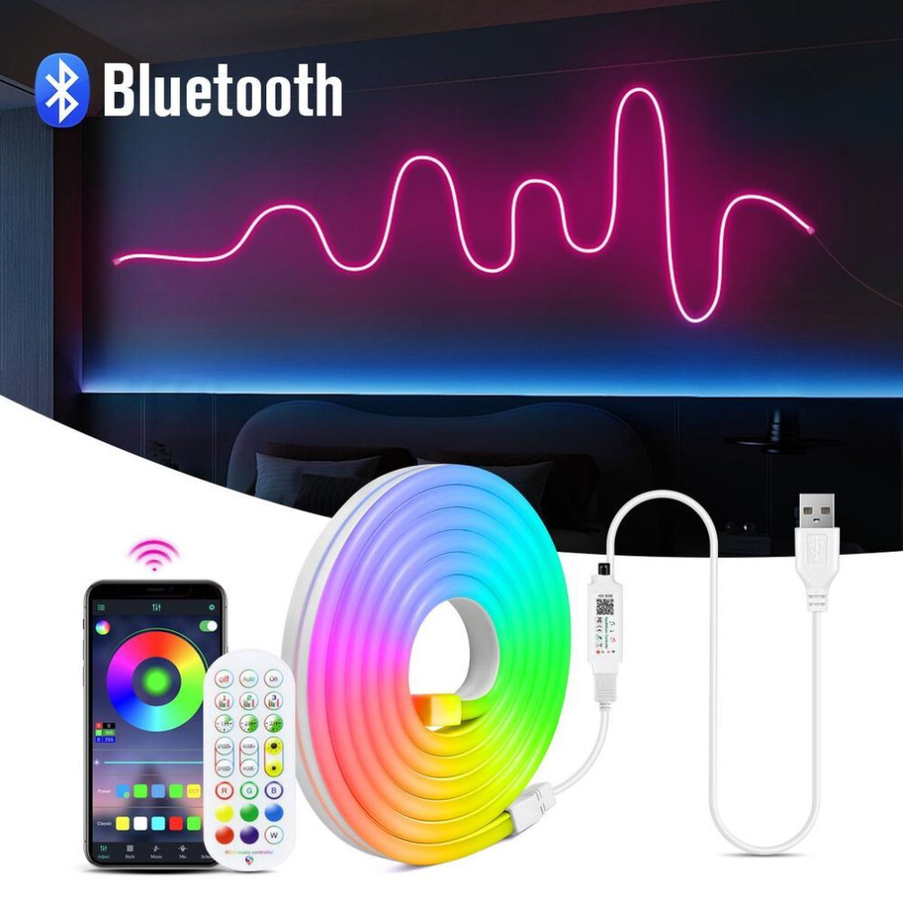 (as the picture, 5m) Dc5v Usb Rgb Neon Led Strip Light Waterproof Led Neon Tape Sign Bluetooth App And Remote Control For Room Tv Decor Wall Lighting