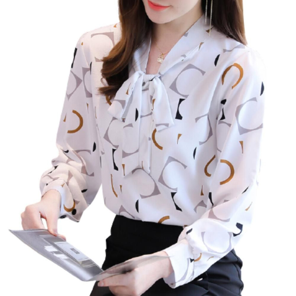 (white, L) Women Long Sleeve Blouse Office Ladies Elegant V Neck Tops Lace Up Autumn Casual Shirts