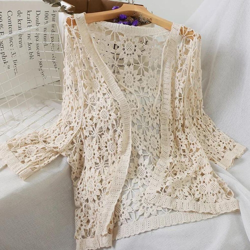 (beige, One Size) Kimono Cardigan Beach White Summer Cardigan Women Hollow Out Cardigans Crochet Top Summer Shirt Korean Shirts Lace Blouse