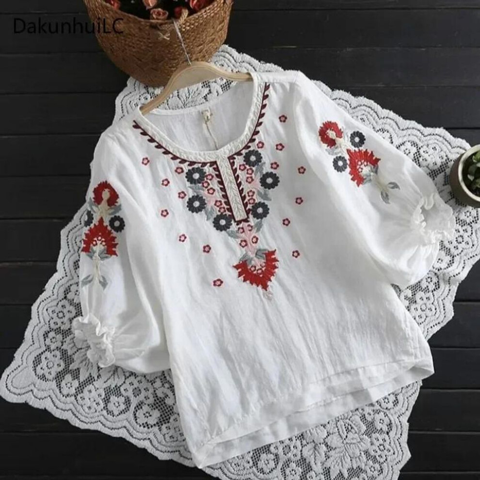 (white, 4XL) Blusas Femininas Summer Women Blouse Shirt Mori Girl Sweet Flower Embroidery Lantern Sleeve Cotton Linen Blouse Tops Female