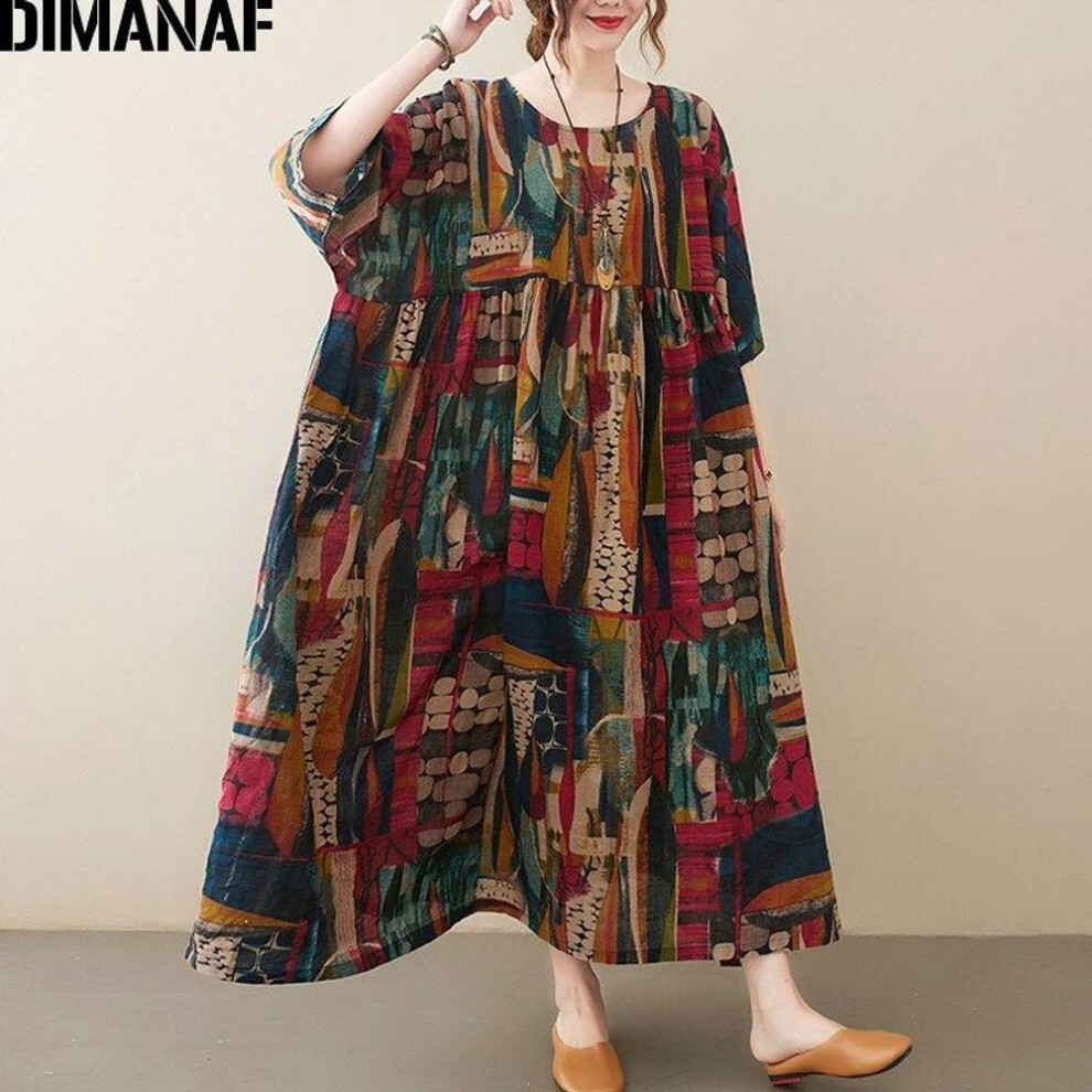 (brown, One Size) Dimanaf 2021 Plus Size Summer Dress Vintage Women Lady Vestidos Beach Sundress Long Dress Print Oversize Cotton Loose