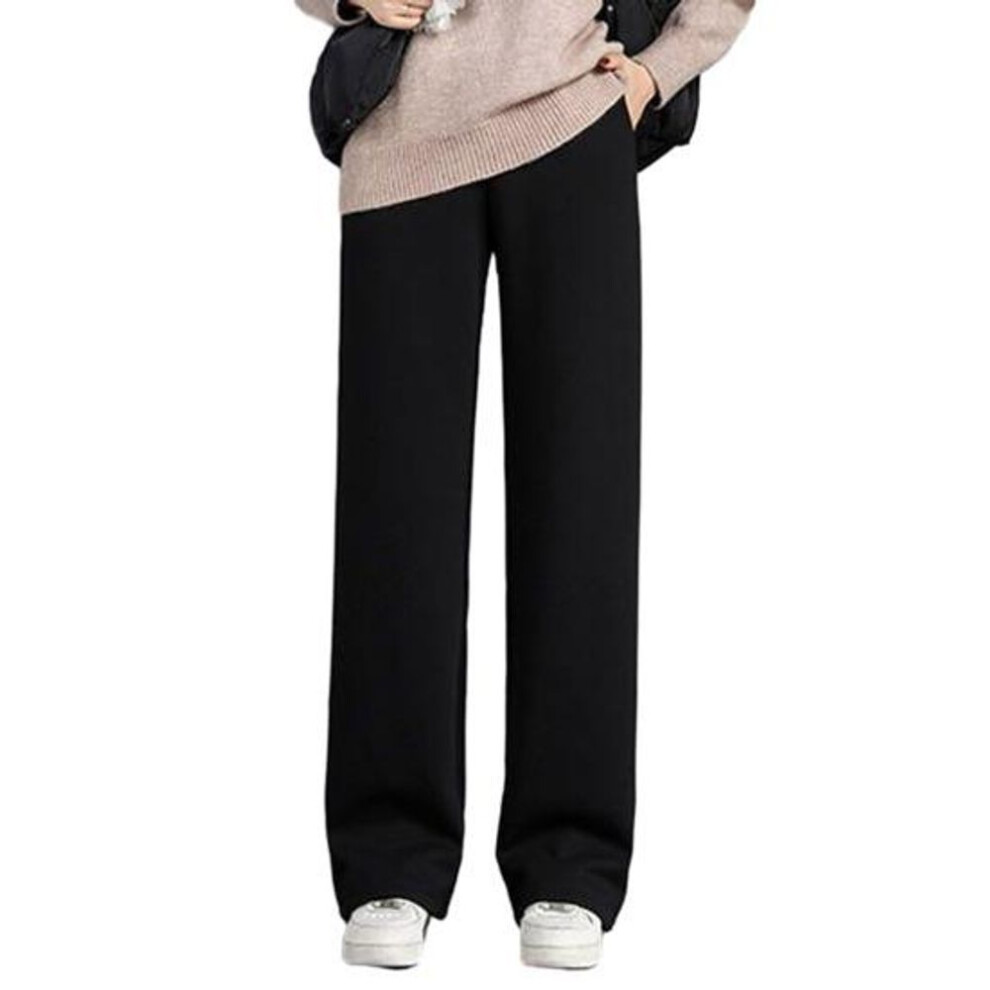 (black, 4XL) Women Autumn Winter Fleece Lining Pants Elastic High Waist Straight Wide Leg Pants Solid Color Loose Fit Long Trousers