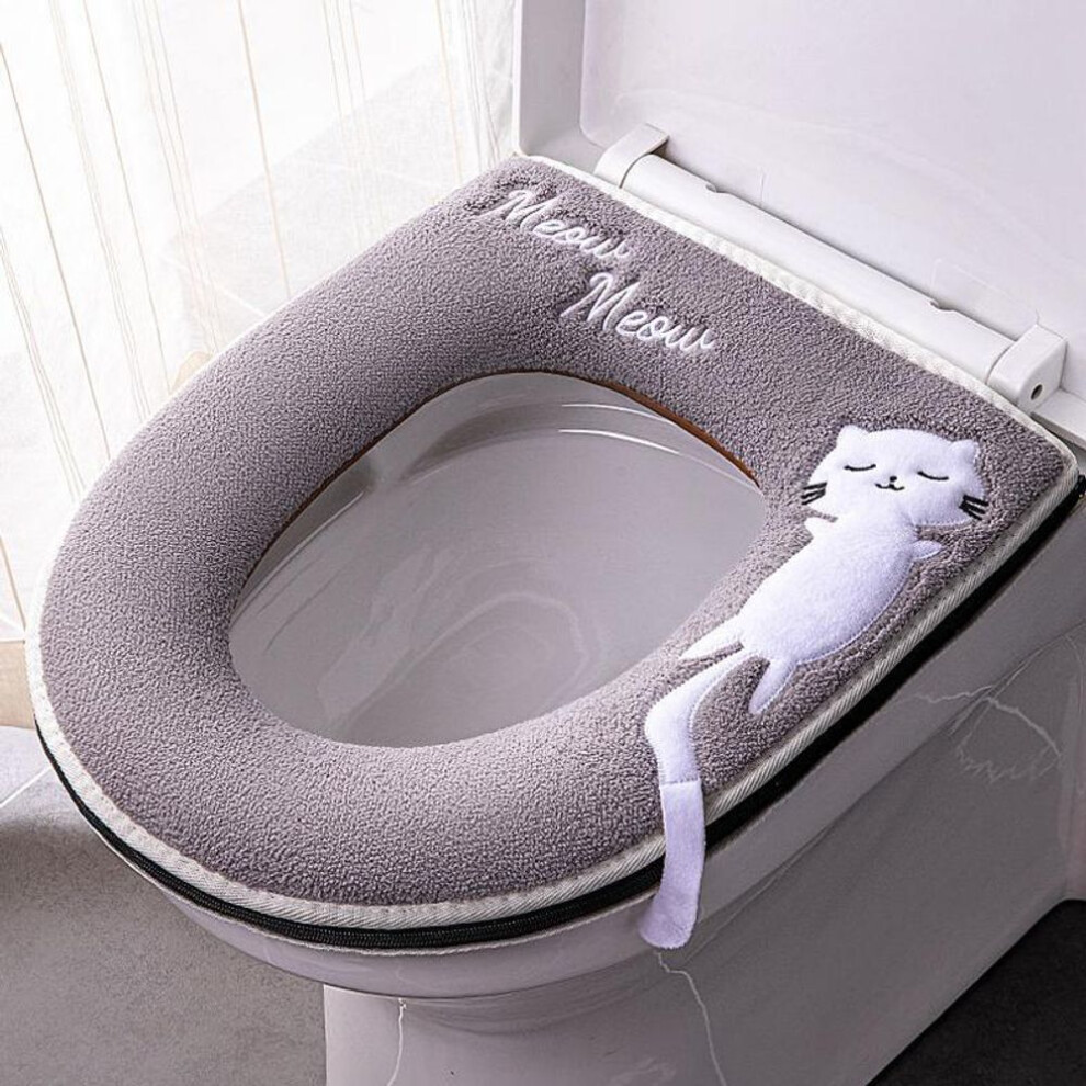 (grey) Universal Toilet Seat Cover Round Toilet Seat Cushion Bathroom Lavatory Cover Mat Winter Thick Warm Washable Cat Cartoon Cute Toilet Seat Covers