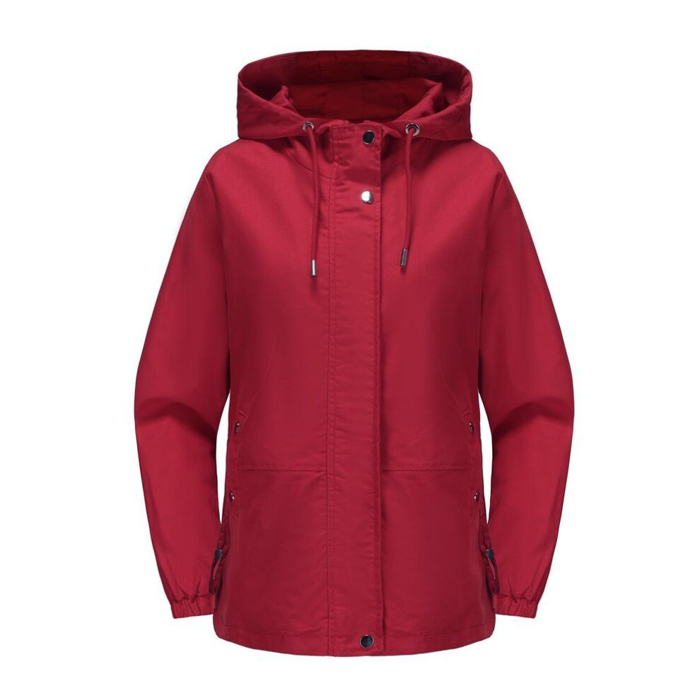 (burgundy, 2XL) Women's Windcheaters Hooded Zipper Windproof Jackets Solid Color Loose Trench Coat Autumn Winter Casual Outdoor Hiking Wear
