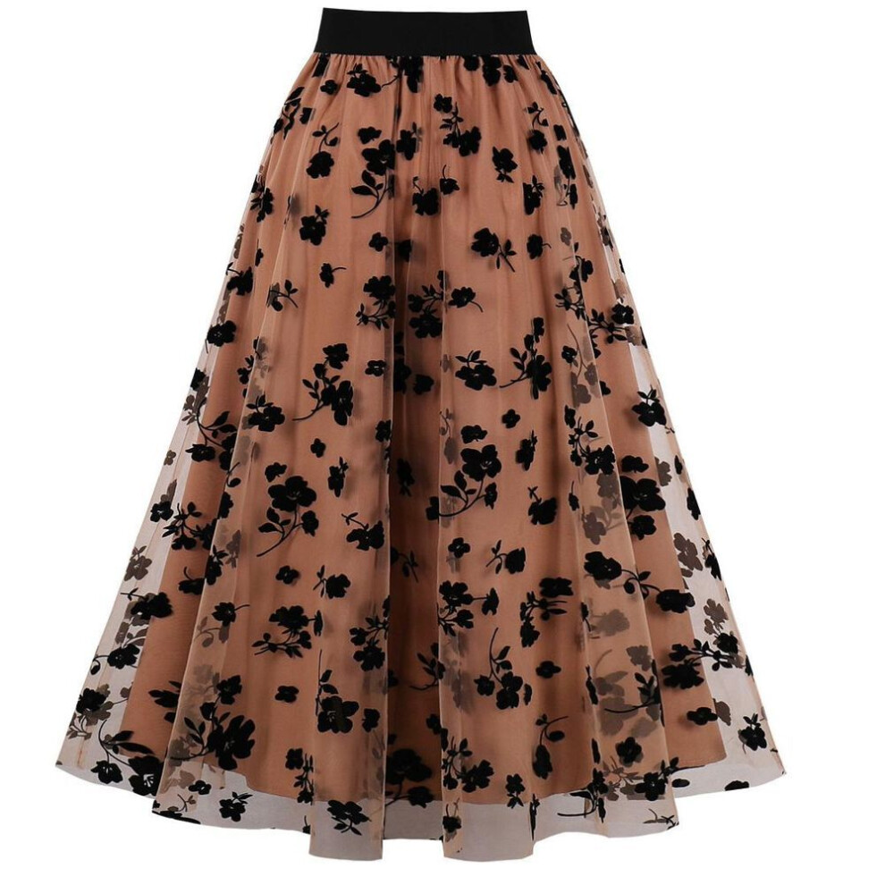 (khaki,black, XXL) Women's Swing Skirts Gauze Floral Three-dimensional Butterfly Cinched Wasit Double Layered Bottom Dresses Work Office Party Holiday Casual Wear