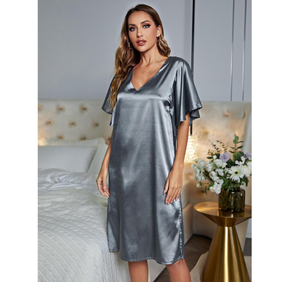 (blue, XL) Women's Pajamas Satin V Neck Nightgown Short Sleeves Loose Sleeping Dress Summer Comfy Casual Home Lounge Wear