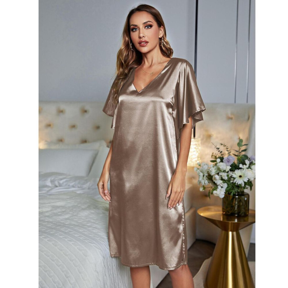 (light brown, XL) Women's Pajamas Satin V Neck Nightgown Short Sleeves Loose Sleeping Dress Summer Comfy Casual Home Lounge Wear