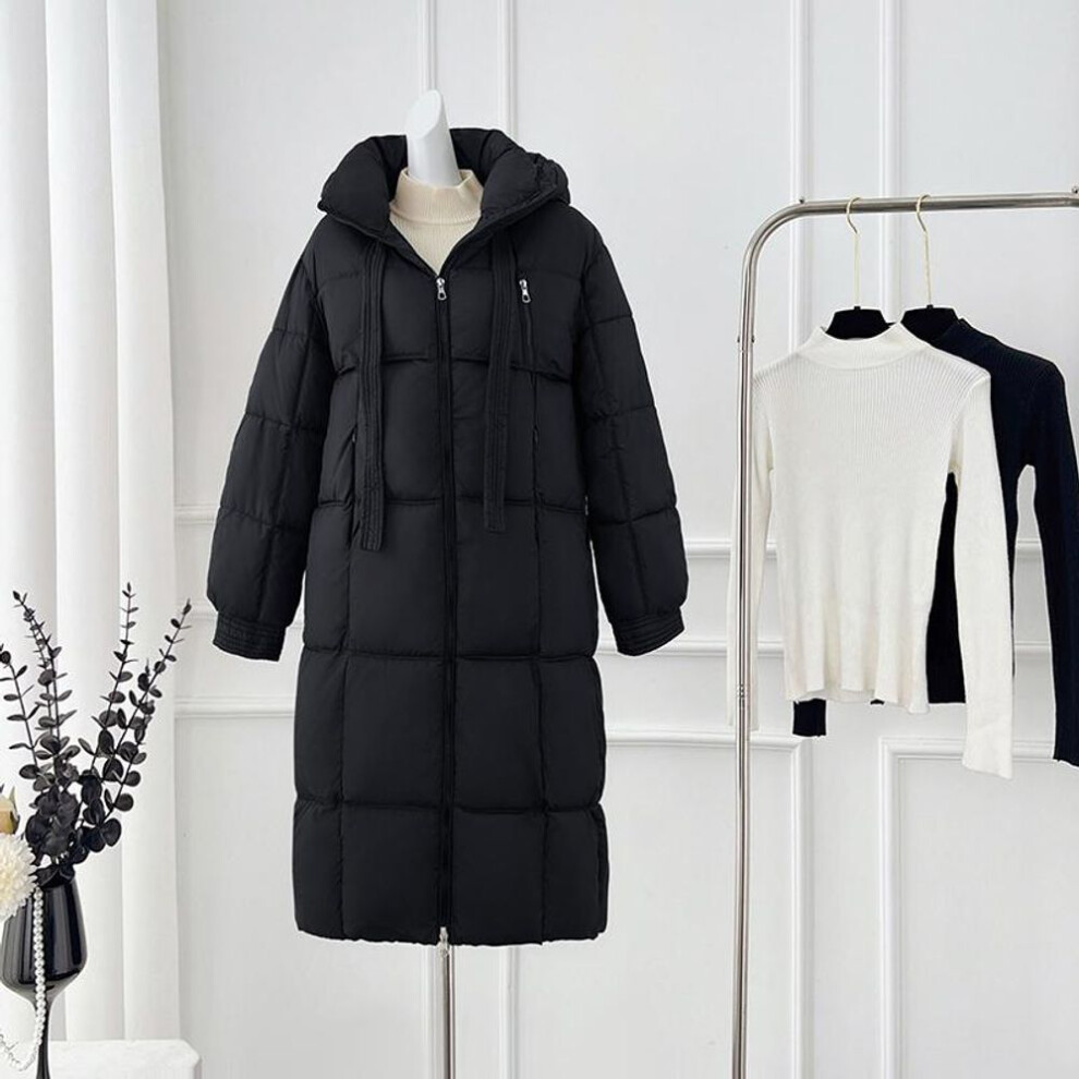 (black, L) Autumn Winter Thick Warm Medium Long Coat Women Loose Solid Color Hooded Jacket Parkas Zipper Outwear S-XL