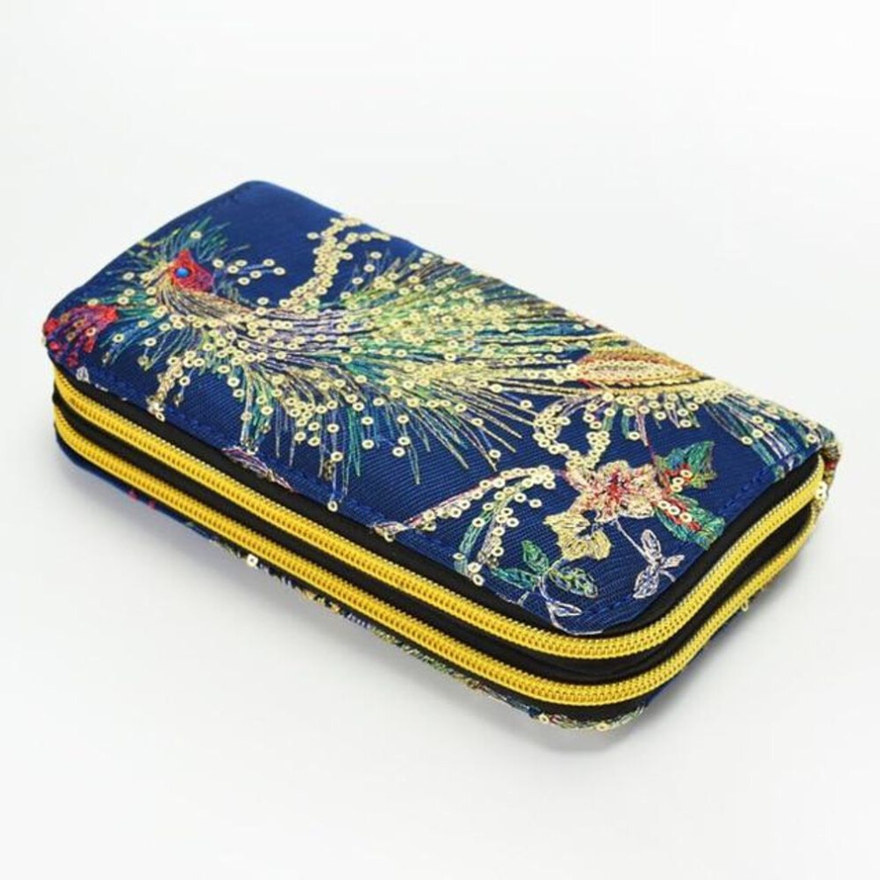 (blue) Women Wallet Long Zipper Coin Purse Designers Luxury Handmade Embroidery Peacock Retro Clutch Wallet Female For Teenager Girl
