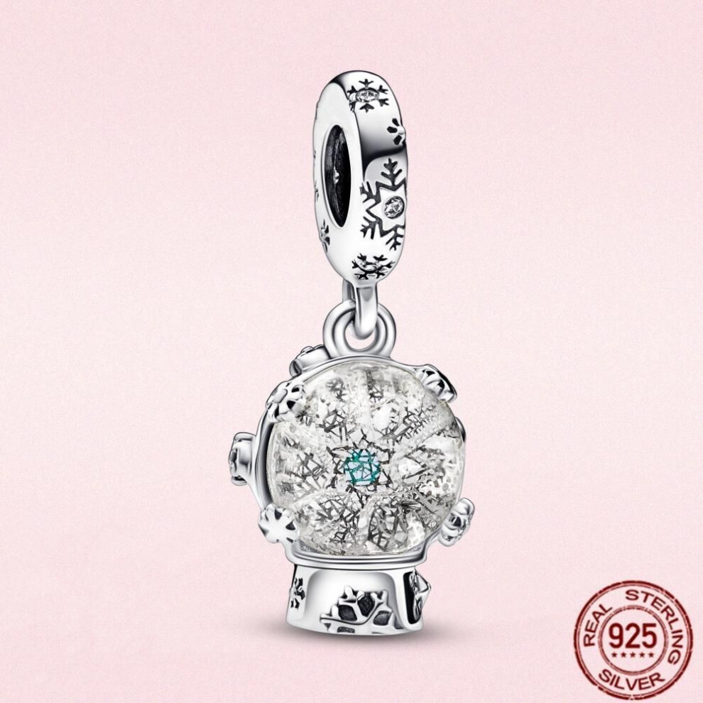 (as the picture) Winter Series S925 Silver Snowflake Charm Blue Murano Glass Beads Snow Globe Angel Pendant Fit Fasion Bracelet Christmas Gifts