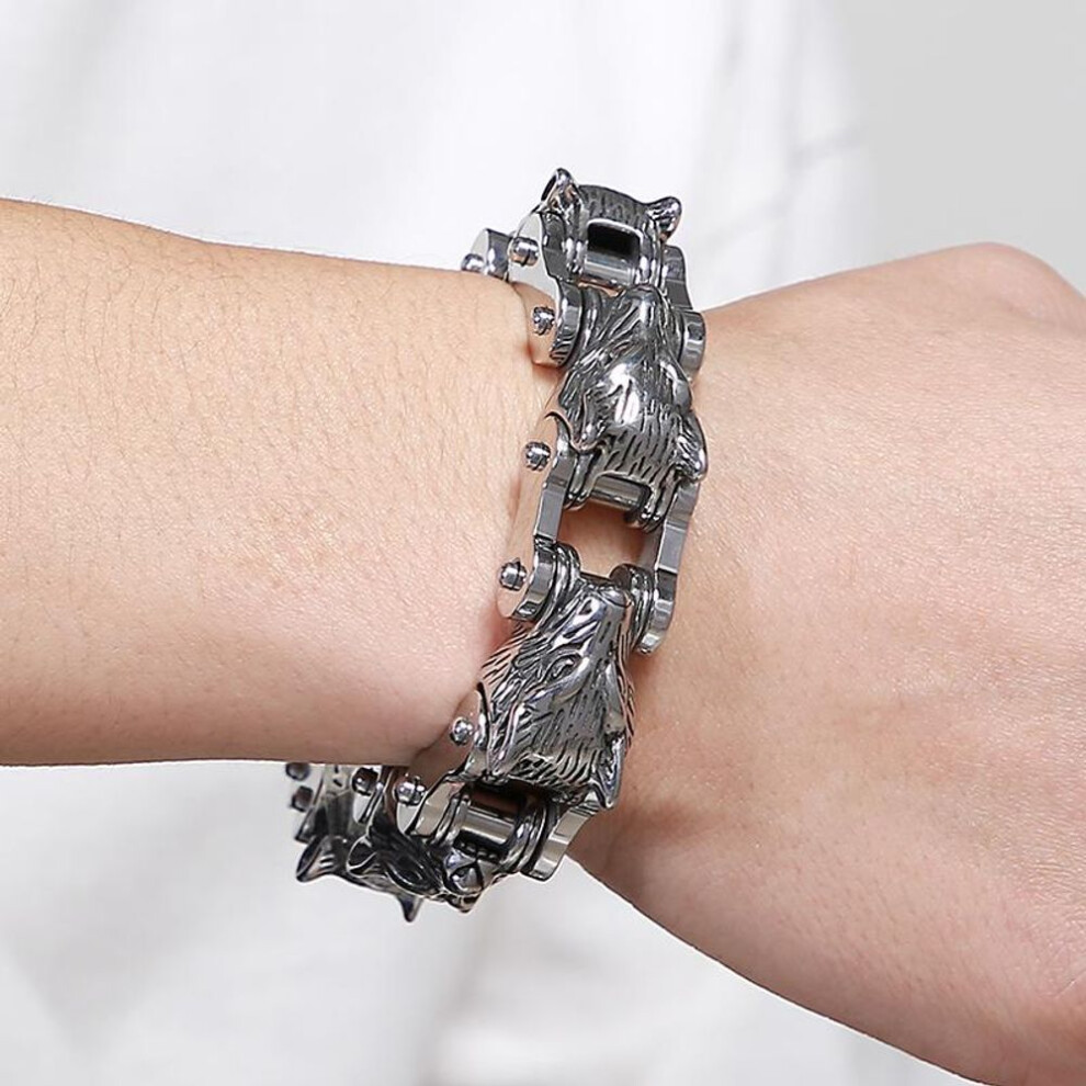 (as the picture, 9 Inch) Massive Wolf Head Bracelet For Men High Polished Heavy Stainless Steel Motorcycle Bike Link Chain Man Bracelets 9 Inch