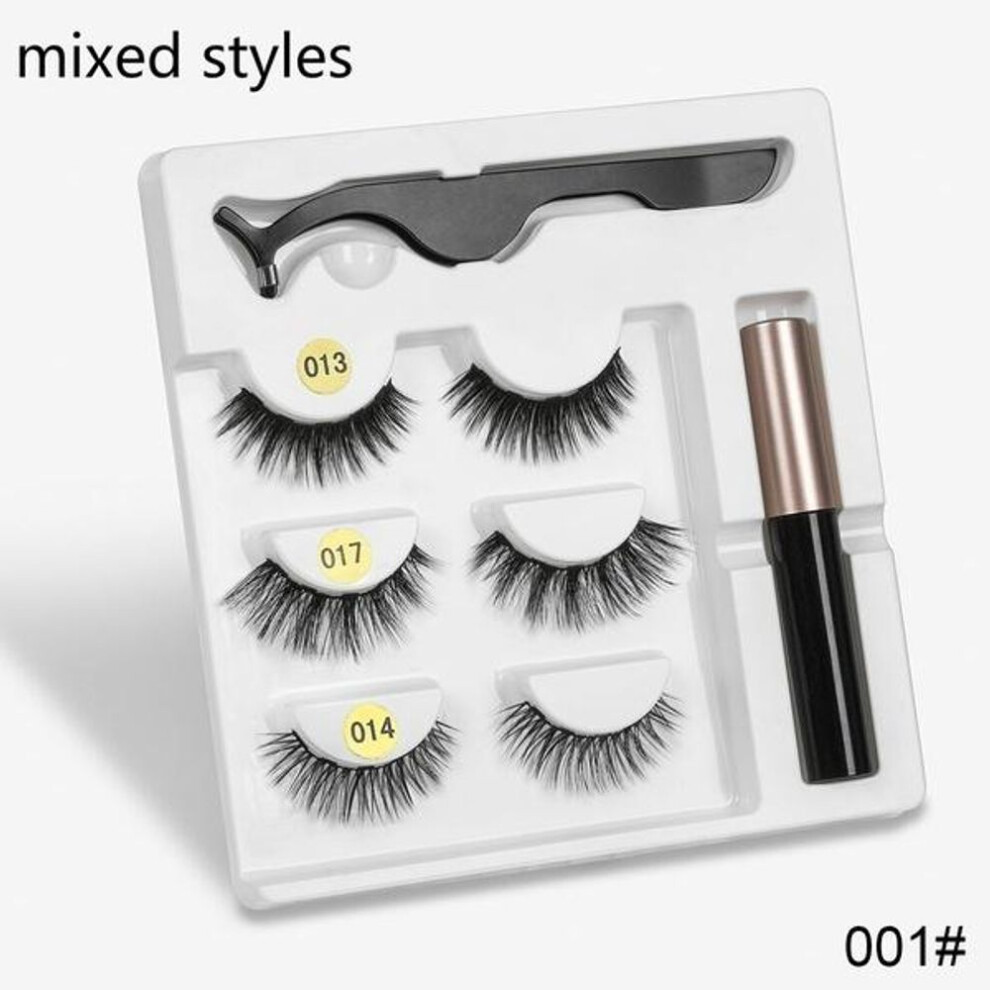 (Style 1) 3 Pairs Eye Makeup Magnet Lashes Magnetic False Eyelashes Liqiud Eyeliner Beauty Kit Mink Eyelash