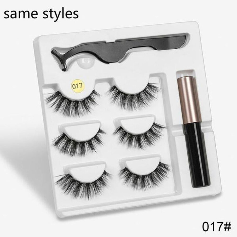 (Style 17) 3 Pairs Eye Makeup Magnet Lashes Magnetic False Eyelashes Liqiud Eyeliner Beauty Kit Mink Eyelash