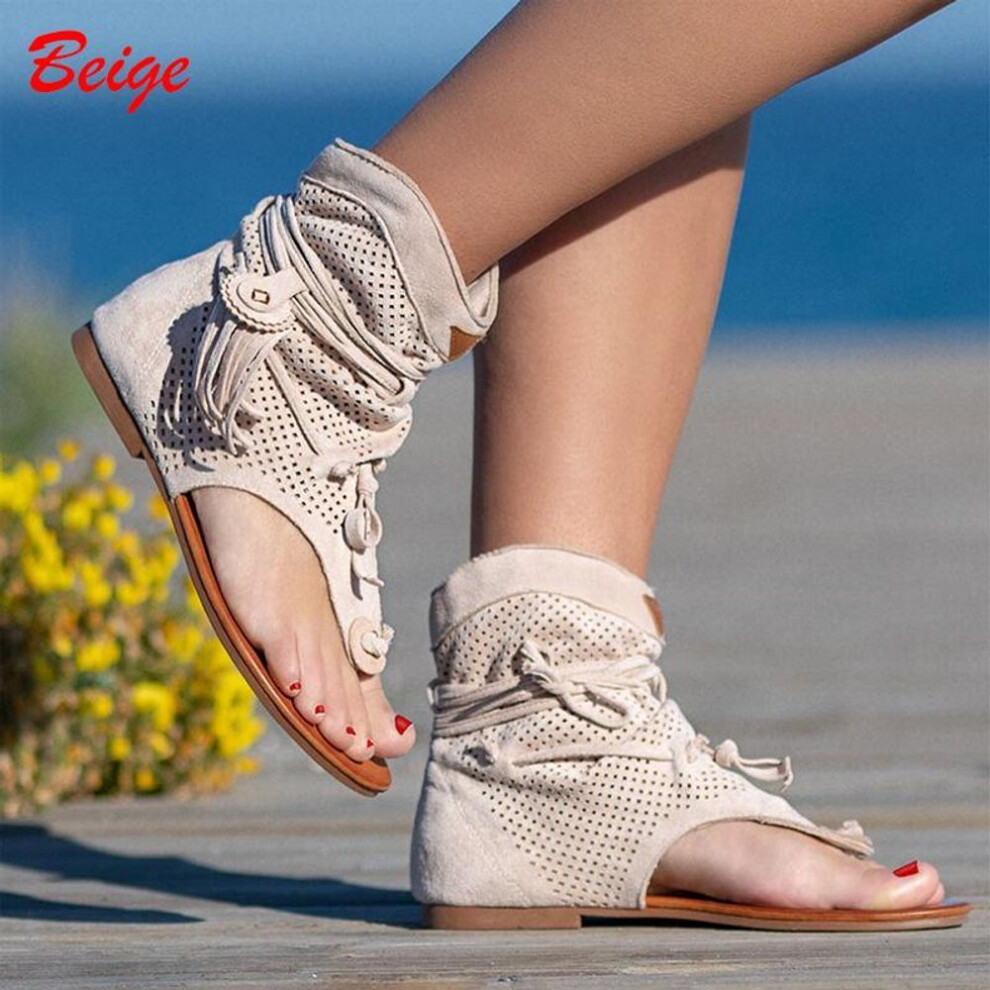 (beige, 37) Women&apos;s Rome Ladies Clip Toe Vintage Boots Tassel Sandals Gladiator Retro Fashion Summer Casual