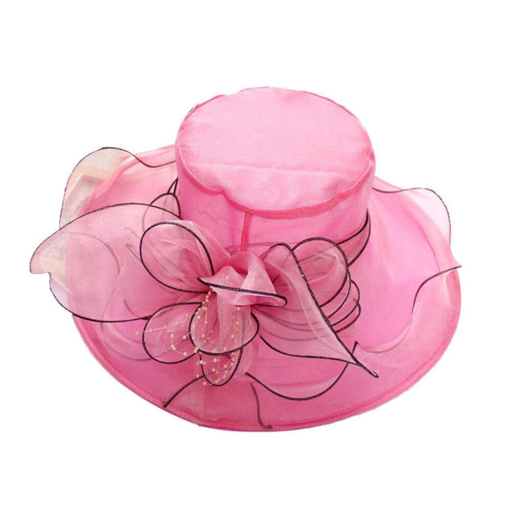 (rose red) Floral Organza Wide Brim Church Fascinator Lady Tea Party Summer Beach Sun Hat