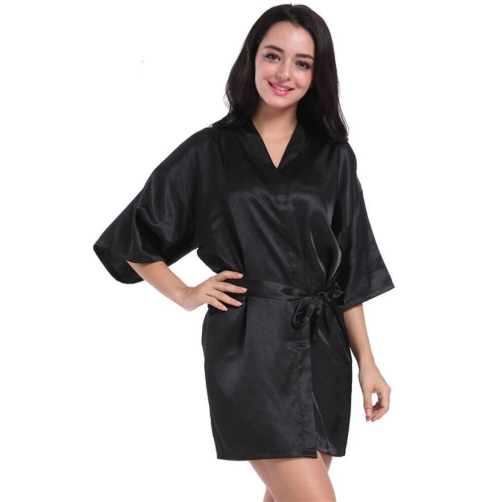 (black, XXL) Women Sexy Pajamas Satin Sleepwear Loose Comfort Solid Color Kimono Robe Dress Nightgown Bathrobe