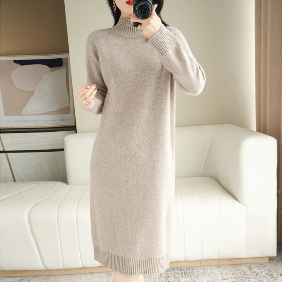 (camel, XXL) Long Knee-length Sweater Dress Women Half High Collar Thickened Warm Knitted Medium-length Bottoming Dresses Spring And Autumn