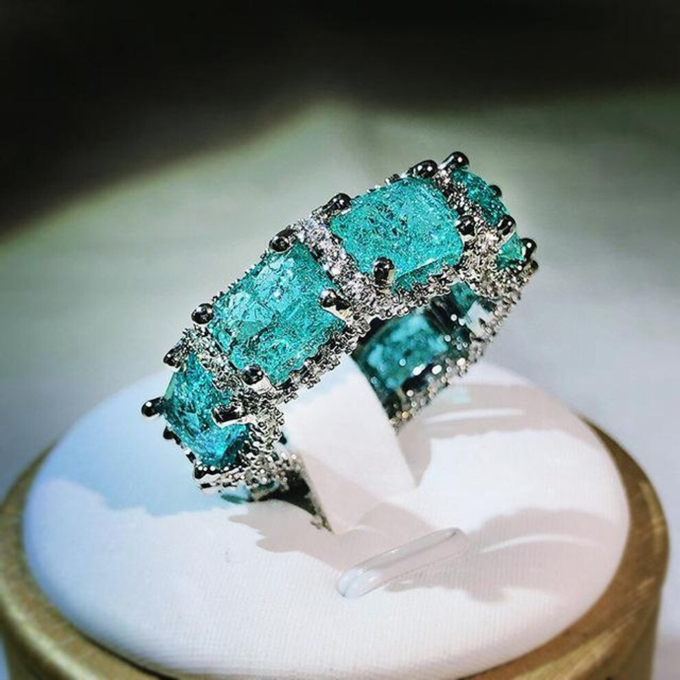 (green, 7) High -end Jewelry Heavy Industry Inlaid Aquamarine Topaz Ring Ladies 925 Silver Paraiba Ring Party Birthday Gift