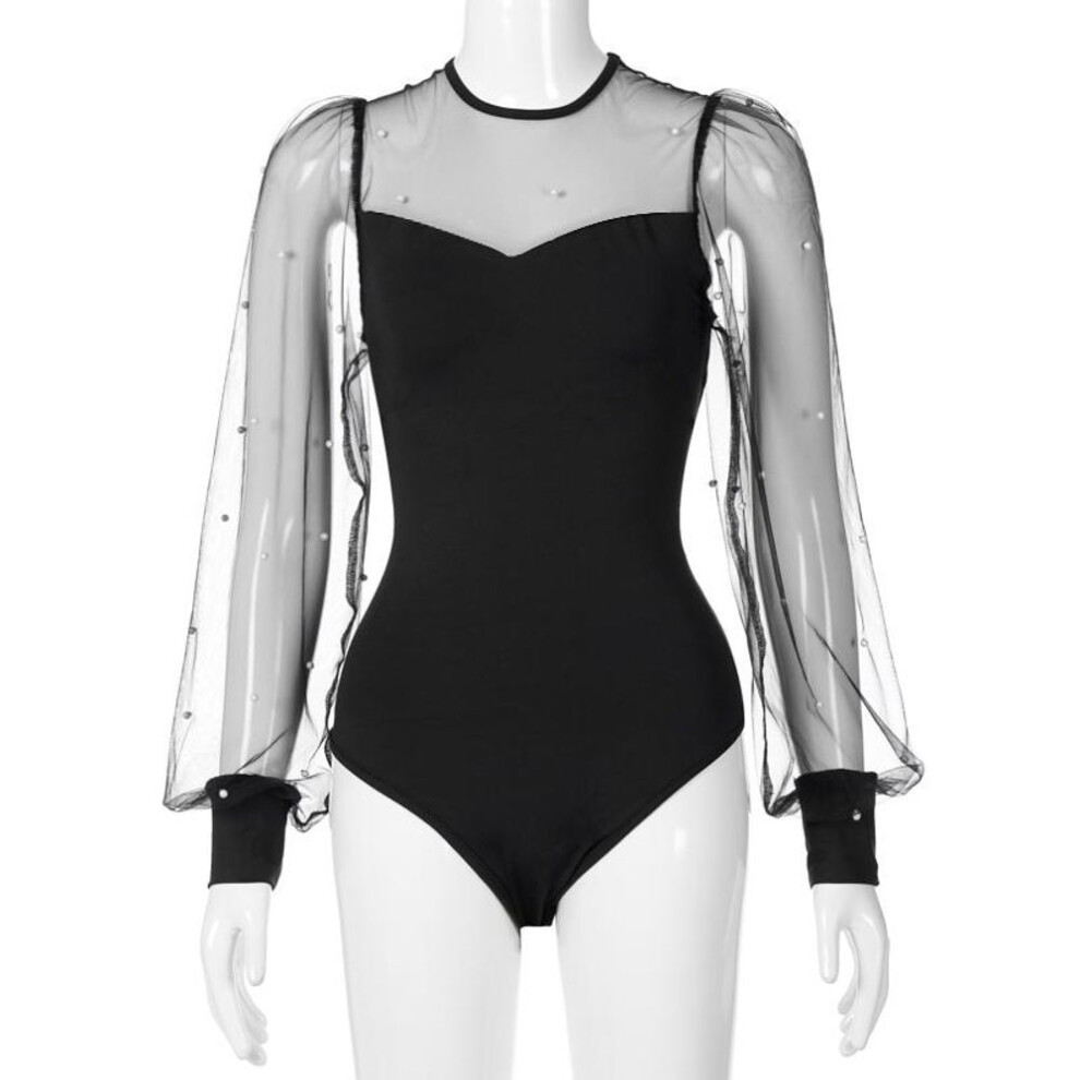 (black, L) Women&apos;s Round Collar Mesh Hollow Long Sleeve Bodysuit, Tight Solid Color High Waist Blouse