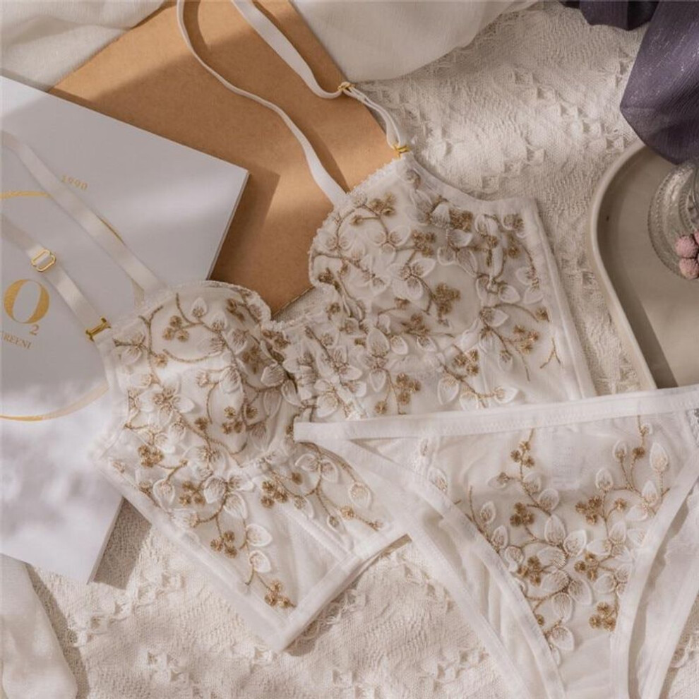 (white, S) New Embroidery Lace Flowers  French Underwear Sexy Body Shaping Push Up Bra Set Romantic White Lingerie Bras And Panties Set