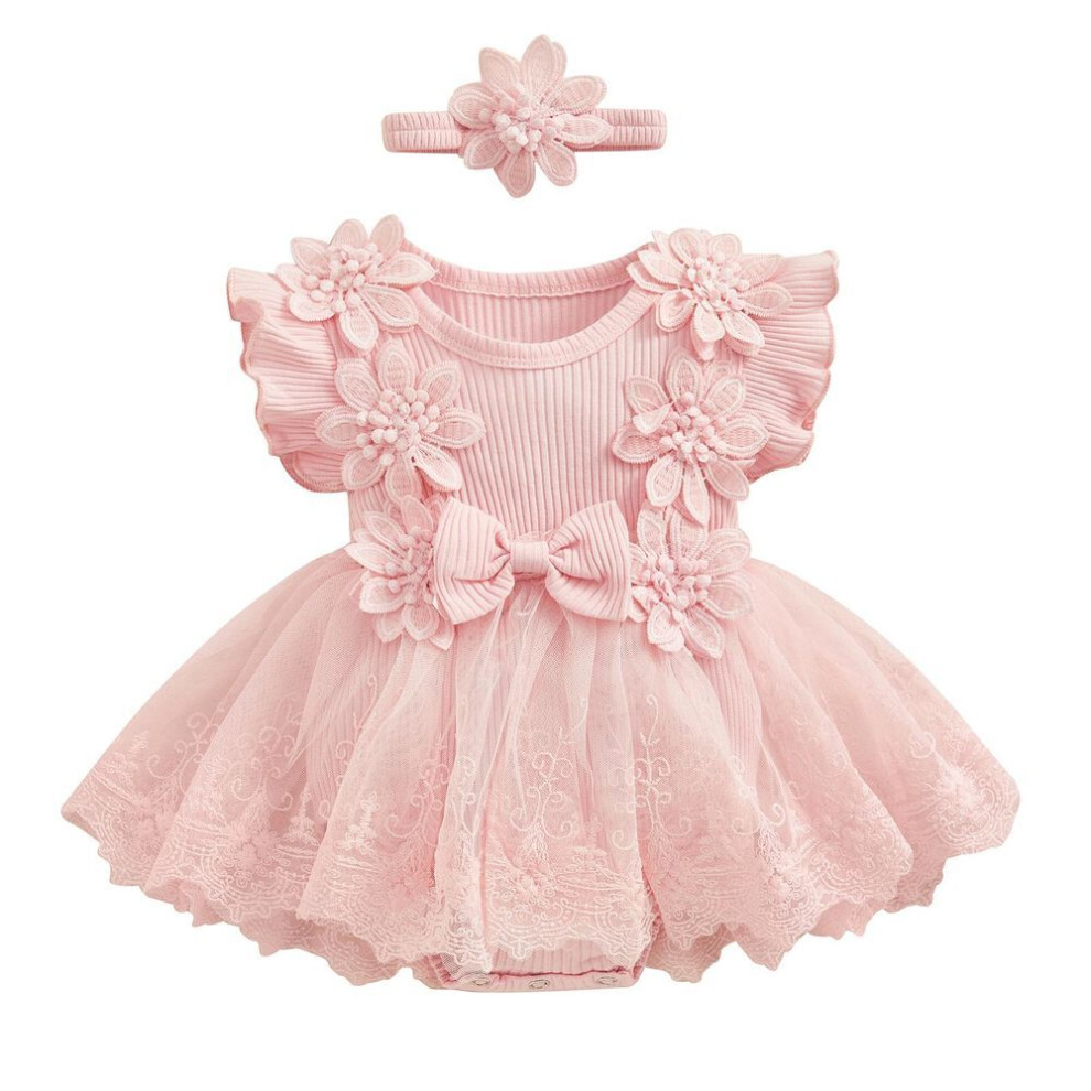 (pink, 12-18 Months) Baby Girl 2 Piece Outfits 3m 6m 12m 18m Mesh Lace Patchwork Ruffle Romper Dress And Headband Cute Fashion Summer Clothes