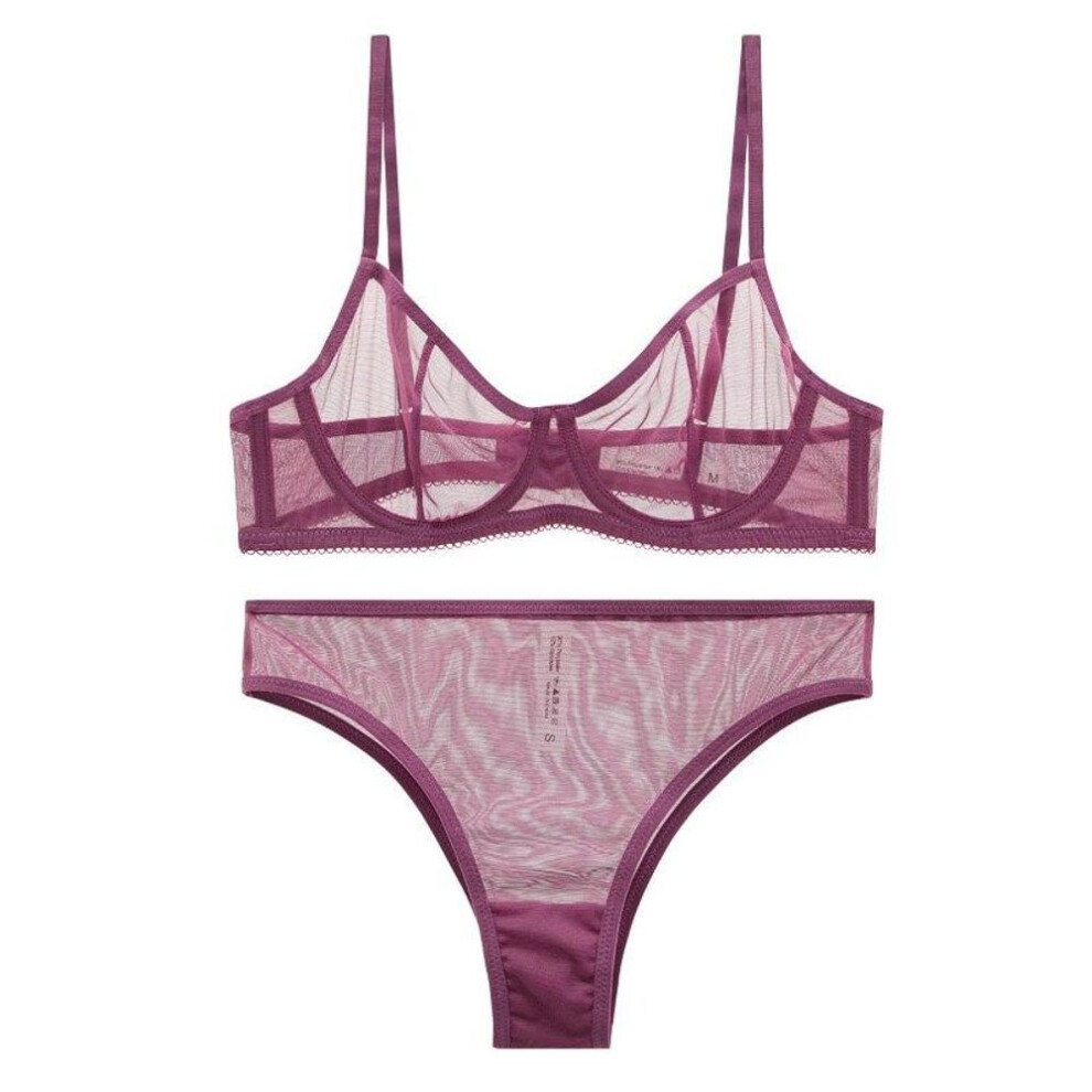 (purple, M) Sexy Lace Ultra-thin Bra Set For Women Mesh Transparent Lingerie French Underwire Push Up Brassiere And Panties Black Temptation
