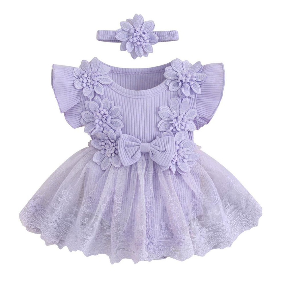 (purple, 6-12 Months) Baby Girl 2 Piece Outfits 3M 6M 12M 18M Mesh Lace Patchwork Ruffle Romper Dress and Headband Cute Fashion Summer Clothes