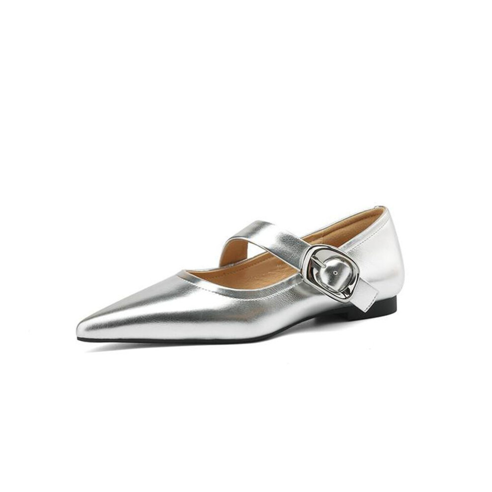 (silver, 39) Krazing Pot Sheep Skin Pointed Toe Flat With Spring Summer Mary Janes Metal Buckle Plus Size 42 Women Flats