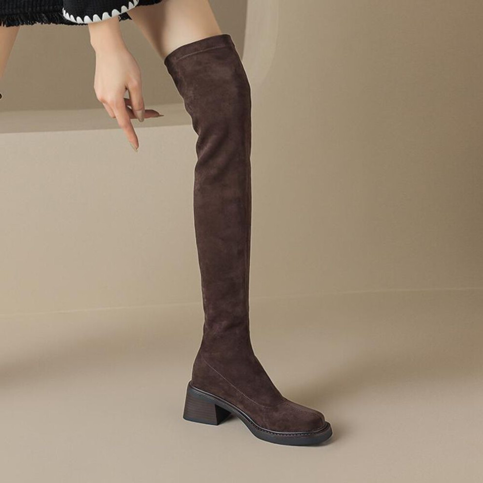 (brown, 43) Krazing Pot Flock Autumn Winter Shoes Med Heels Size 43 Stovepipe Boots Square Toe Keep Warm Slip On Over-the-knee Boots
