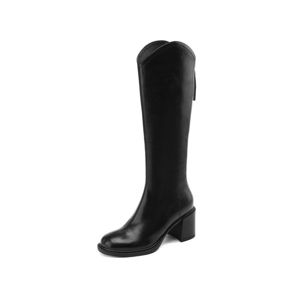 (black, 38) Krazing Pot Cow Split Leather Winter Round Toe Thick High Heels Modern Boots Women Zipper Thigh High Boots