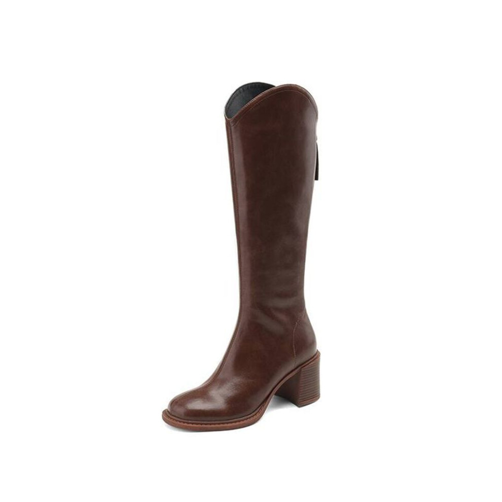 (brown, 39) Krazing Pot Cow Split Leather Winter Round Toe Thick High Heels Modern Boots Women Zipper Thigh High Boots