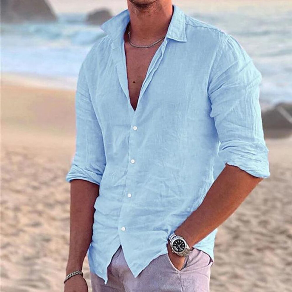 (blue, XL) Men&apos;s Linen Long Sleeve Shirts Button Up Shirt Casual Summer Loose Fit Turn-down Collar Shirt