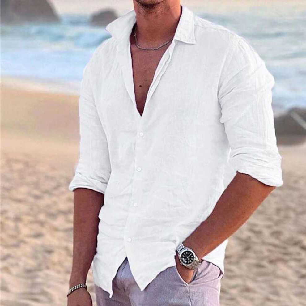 (white, 3XL) Men&apos;s Linen Long Sleeve Shirts Button Up Shirt Casual Summer Loose Fit Turn-down Collar Shirt