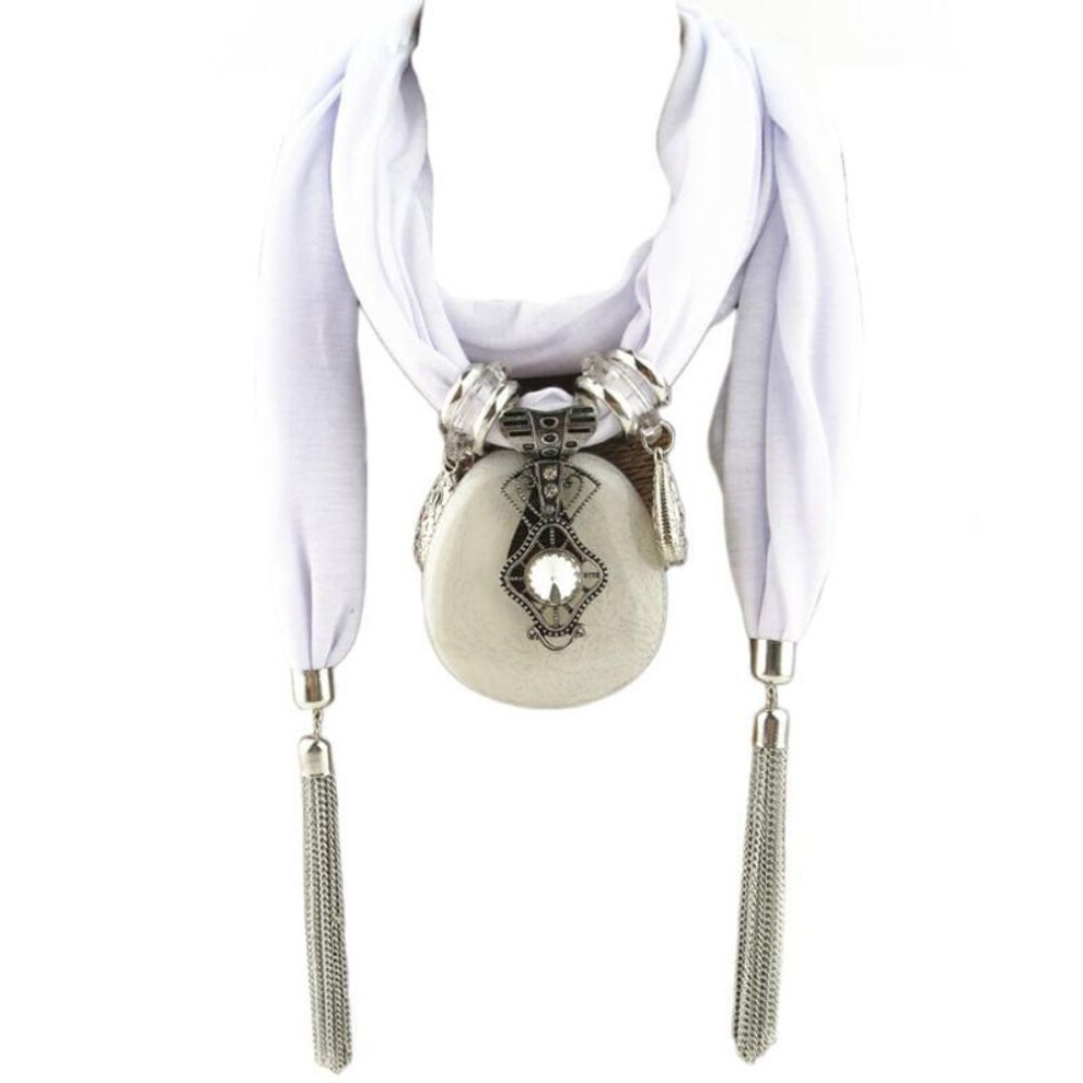 (white) Fashion Women Bohemian Ethnic Jewelry Tassel Water Drop Pendant Scarf Necklace
